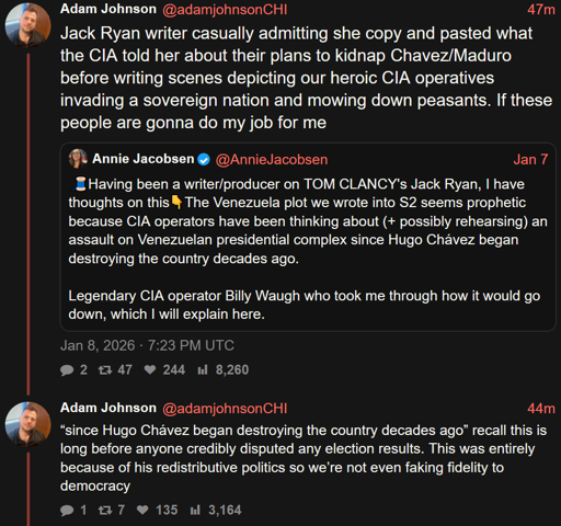  Jack Ryan writer casually admitting she copy and pasted what the CIA told her about their plans to kidnap Chavez/Maduro before writing scenes depicting our heroic CIA operatives invading a sovereign nation and mowing down peasants. If these people are gonna do my job for me