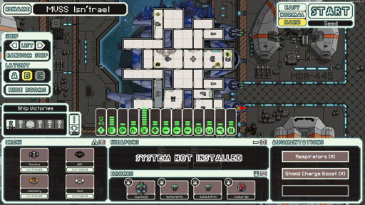 A screenshot of FTL: Faster Than Light (Multiverse mod). We're flying the Evil Flagship named the MVSS Isn'trael, piloted by Thordros, and assisted by fellow war criminals Black Mold Futures, John Kerry, and Goat.