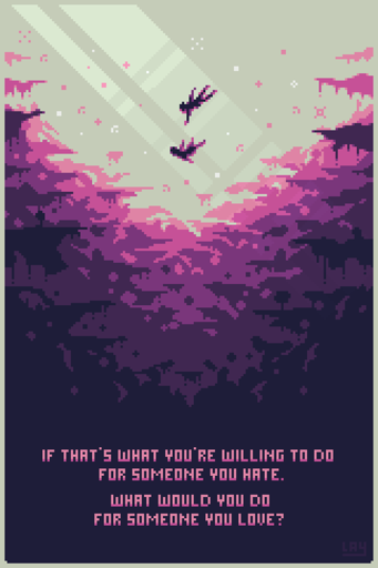 Two tiny silhouettes are falling in a purple chasm, one is desperately trying to hold to the other, at the bottom there are spikes and sharp cliffs that are illuminated differently based on the depth. Text at the Bottom reads: "if that’s what you’re willing to do for someone you hate, what would you do for someone you love?”.
The drawing is inspired by a scene from the Ancillary Justice novel, in which Breq jumps to save Seivarden from falling.