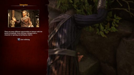 A screenshot from a video game showing a man hunched over. A side panel on the left of the screen shows some tutorial text, along with an instruction to press E to ease suffering.