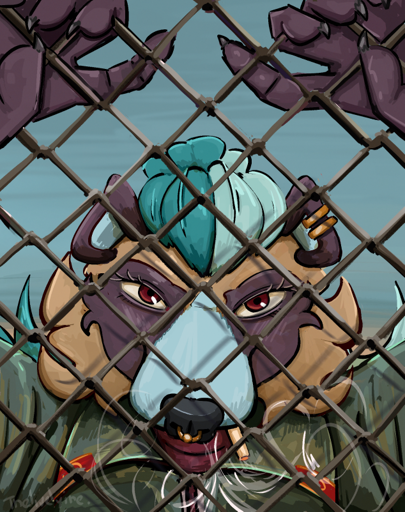 Furry tanuki grabbing onto a fence.