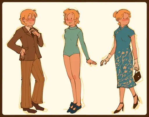 3 concept drawings of Tintin: Left is wearing a brown suit jacket with a beige collared shirt and black tie and light brown pinstripe pants and brown shoes, Middle is wearing a turquoise long-sleeved bodysuit and dark blue slip on flats, right is wearing a skyblue qipao with brown high heels and a brown handbag and white gloves and hair tied back in a bun