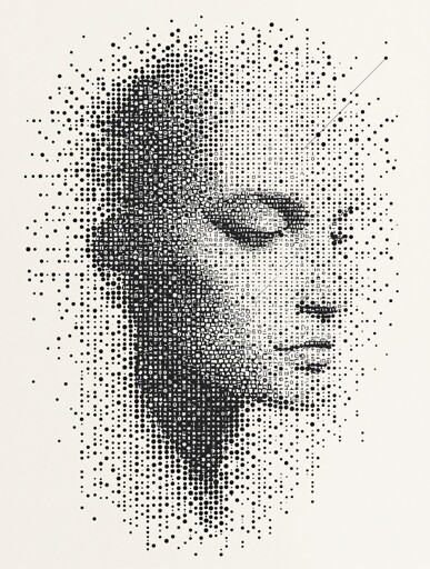 A portrait of a human with closed eyes facing right emerges from a mosaic of black and symbols and binary dots on a white background. The portrait gradually dissolves at the edges, with dots and characters becoming more sparse and dispersed, creating a sense of digital disintegration. 
