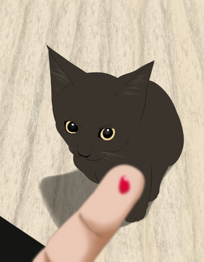 An angry kitten stares at a blurry finger with a drop of blood on it, eager to draw more.