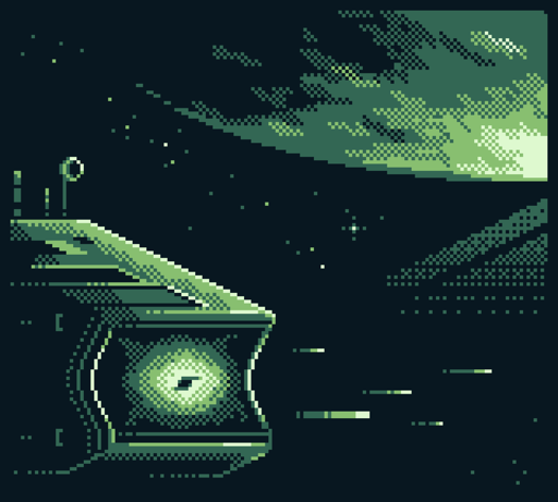 A Gameboy style pixelart showing an interstellar gate near a planet’s orbit; part of the planet’s crescent is visible above, tiny spaceships are exiting from the gate in succession