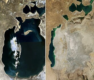 Comparaison entre l'étendude la mer d'Aral en 1989 et aujourd'hui, presque asséchée