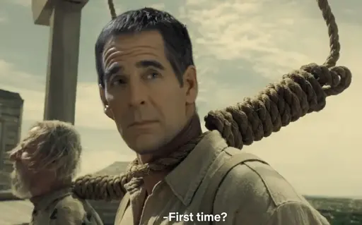 Captain Archer in a noose, saying "First time?"