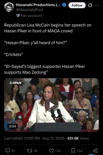 Republican Lisa McCain begins her speech on Hasan Piker in front of MAGA crowd  “Hasan Piker, y’all heard of him?”  *Crickets*   “El-Sayed’s biggest supporter Hasan Piker supports Mao Zedong”