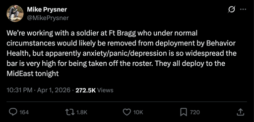 Mike Prysner: We’re working with a soldier at Ft Bragg who under normal circumstances would likely be removed from deployment by Behavior Health, but apparently anxiety/panic/depression is so widespread the bar is very high for being taken off the roster. They all deploy to the MidEast tonight