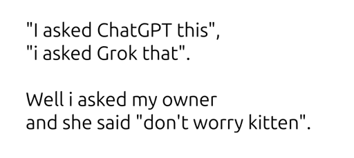 "I asked ChatGPT this",  "i asked Grok that".  Well i asked my owner and she said "don't worry kitten".