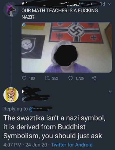 OUR MATH TEACHER IS A FUCKING NAZI?!

The swaztika isn't a nazi symbol, it is derived from Buddhist Symbolism, you should just ask