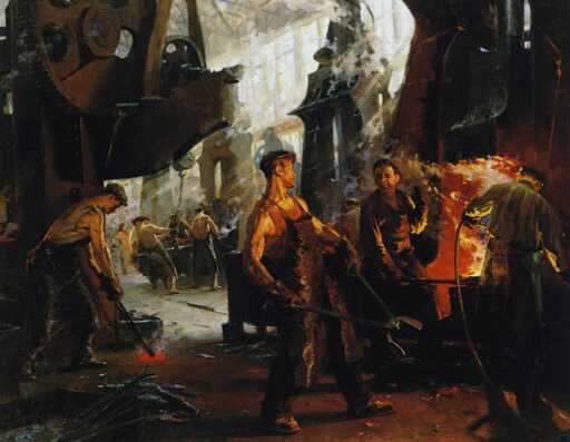 Art piece depicting a factory floor scene in a soviet factory