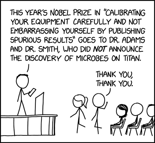 Hairy: This year's Nobel Prize in "Calibrating your equipment carefully and not embarrassing yourself by publishing spurious results" goes to Dr. Adams and Dr. Smith, who did not announce the discovery of microbes on Titan. Cueball, waving to the audience: Thank you, thank you.