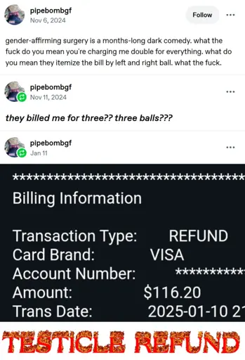 "gender-affirming surgery is a months-long dark comedy. what the fuck do you mean you're charging me double for everything. what do you mean they itemize the bill by left and right ball. what the fuck.", "they billed me for three?? three balls???", "Billing Information  Transaction Type: REFUND Card Brand: VISA Account Number: ********* Amount: $116.20 Trans Date: 2025-01-10 2" Testicle refun