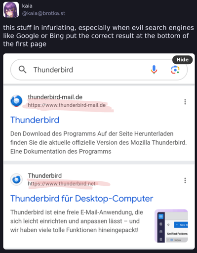 Mastodon Toot of a Screenshot with two nearly identical search results for thunderbird, with different urls, the caption reads "this stuff in infuriating, especially when evil search engines like Google or Bing put the correct result at the bottom of the first page"