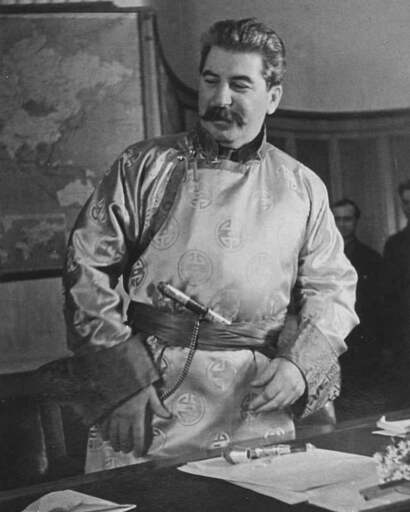 Joseph Stalin wearing a traditional Mongolian deel