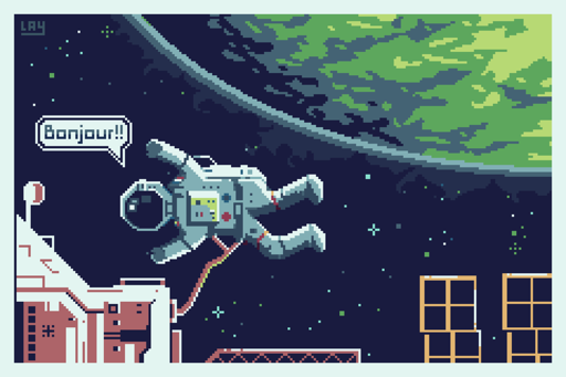 A pixelart drawing to celebrate astronaut Sophie Adenot's first ever spacewalk, making her the first French woman to do a spacewalk. Sophie is showing tethered to the ISS and waving at the camera, the French greeting "Bonjour" is showing in a text box above her head. To the top right, part of planet Earth is visible.