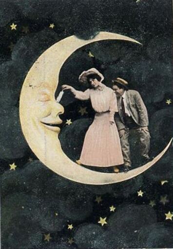 Vintage 1900's artwork of a couple hanging out inside the stylized cresent of an anthropomorphised moon