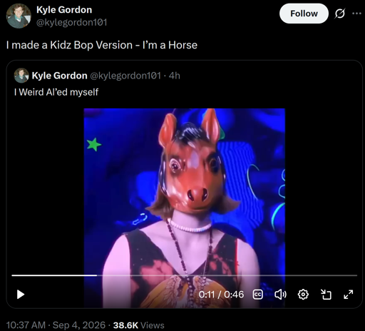 Kyle Gordon on Twitter: I made a Kidz Bop Version - I’m a Horse - song with cover image of a woman wearing a plastic horse mask