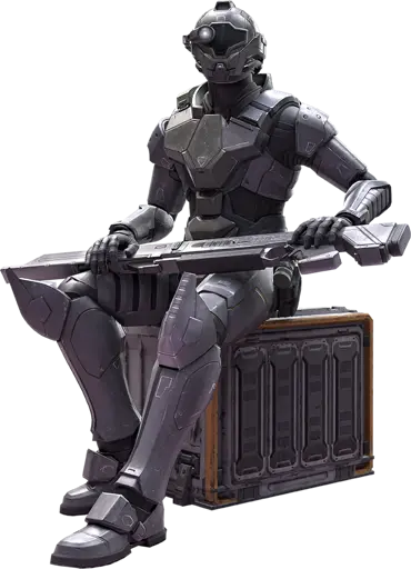 Character art of Reger Tokabi, a minor side character from Metroid Prime 4: Beyond. He's wearing bog standard power armor that looks like a Spirit Halloween Iron Man suit. 