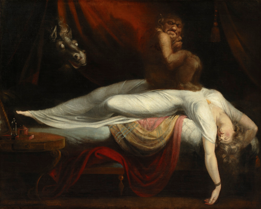 A painting of a demonic creature sitting on a sleeping woman.