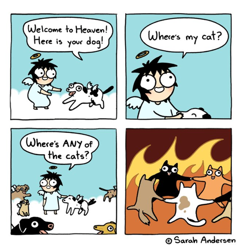 "Welcome to Heaven! here is you dog!" dead person: "Where is my cat?" looking at heaven full of dogs "Where's ANY of the cats?" Cats happily dancing in Hell