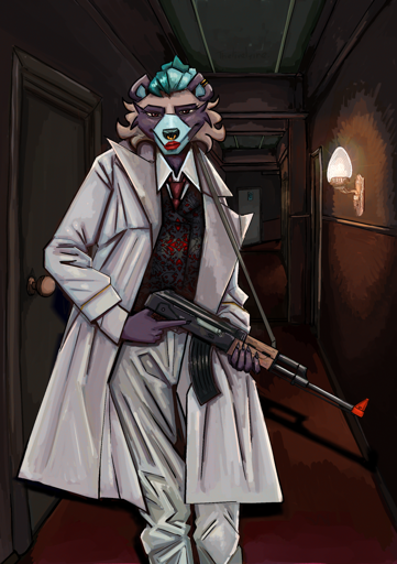 Furry dressed in white mostly holding a toy gun, walking through a hallway. 