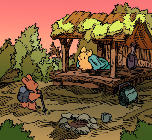 Two hiker bunnies, with backpacks, are at a campsite with a wooden lean-to. One arrived earlier, and already is in a sleeping bag. The other one is just arriving as the sun goes down