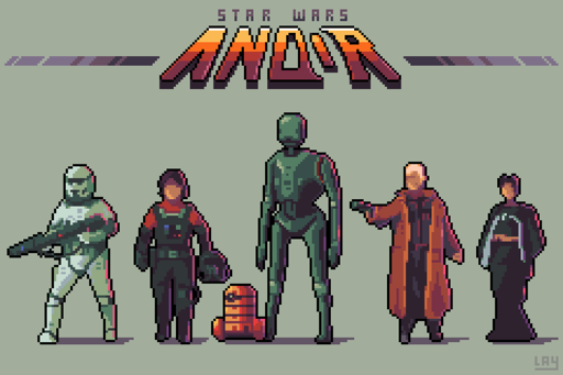 Pixelart sprites of Star Wars: Andor characters, Andor series logo text on the top in a 3d projection, the characters from left to right: a stormtrooper holding a rifle, Cassian Andor wearing a Tie-fighter pilot costume, B2EMO, K-2SO, Luthen aiming a pistol, and Kleya.