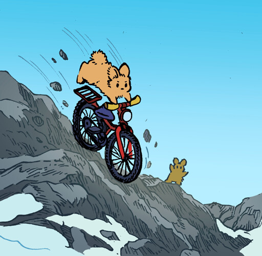 A bunny recklessly rides a bicycle down a rocky mountain, with some ice and debris all around. They are clinging to the handles with just their front paws, a look of intensity on their face. A bunny in the distance calls out in surprise