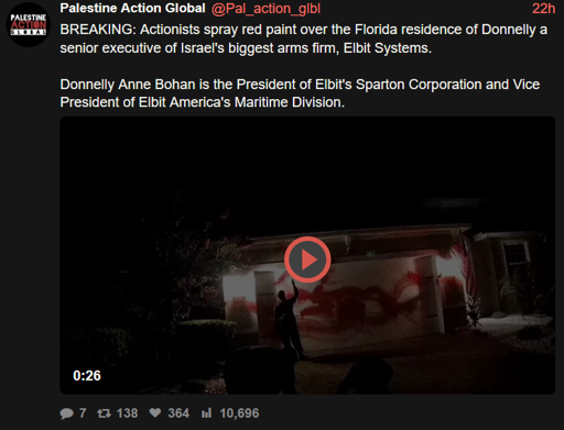 Actionists spray red paint over the Florida residence of Donnelly a senior executive of Israel's biggest arms firm, Elbit Systems.  Donnelly Anne Bohan is the President of Elbit's Sparton Corporation and Vice President of Elbit America's Maritime Division.