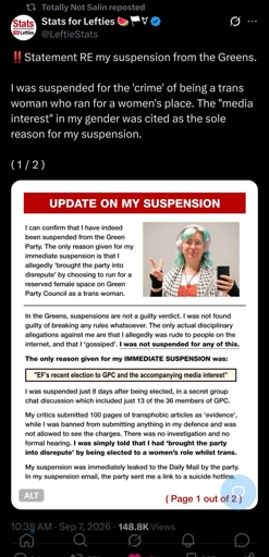 Terf island green party decided to drop their "support" of trans people
