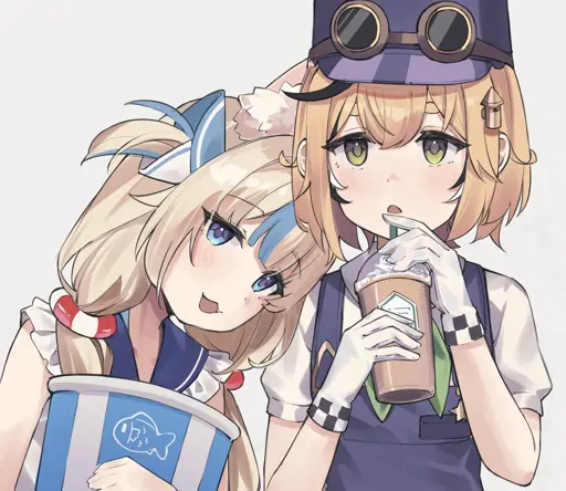 Sameko Saba holding a bucket of food to her chest, resting her head on Dooby's shoulder. Dooby is about to drink a beverage resembling an iced frappuccino through a straw.