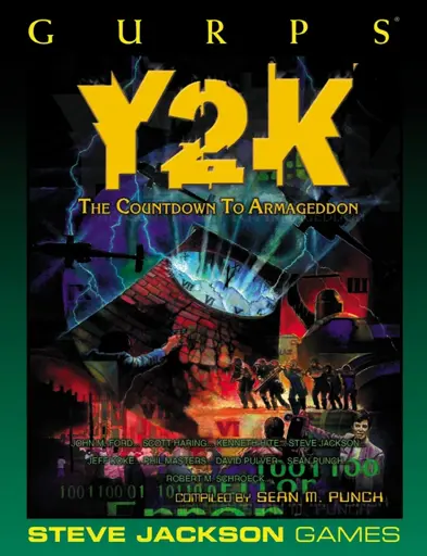 The cover for "GURPS Y2K", showing a variety of apocalyptic images