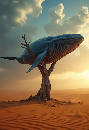 A blue whale balanced atop a bare, twisted tree in the middle of a vast desert. The background features a sunset illuminating the desert landscape, while the upper portion of the sky contains scattered clouds against blue. The desert floor shows rippled sand dunes extending toward a distant horizon. 
