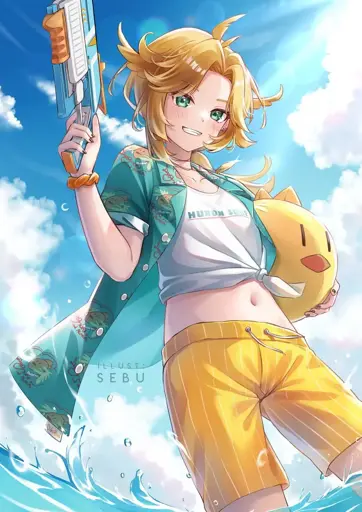 Dokibird wearing board shorts and other beach attire, standing knee-deep in water. She's holding a watergun in her right hand and gently grinning at the viewer.
