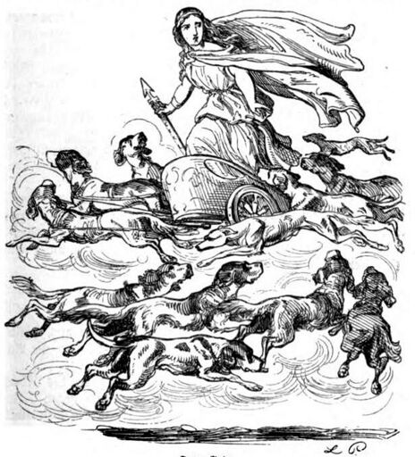 Frau Gode, Leader of the Wild Hunt together with her dog-daughters.