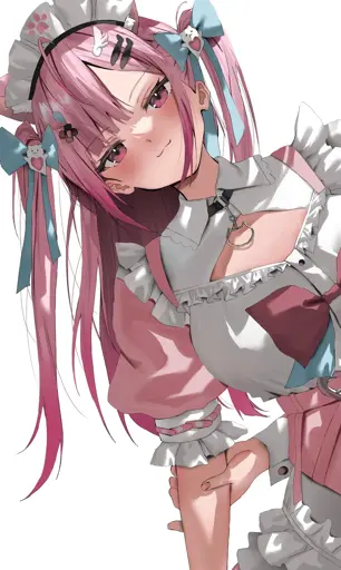 Yuuki Sakuna dressed in her usual pink and white maid outfit, looking smugly at the viewer while leaning to her right side.