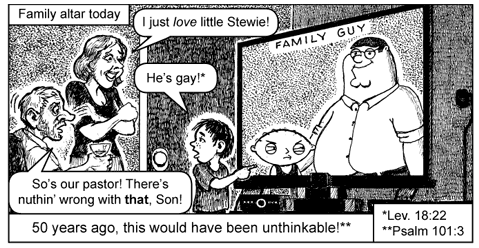 Chick Tract panel in which a family is watching Family Guy; the mother says "I just love little Stewie!", to which the kid responds "He's gay!", his line having a citation, the verse Leviticus 18:22 from the Bible.
